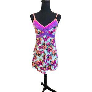 Joe Boxer Floral Print Nightgown Chemise M Pink Purple Lace Accents Swiftie Sexy